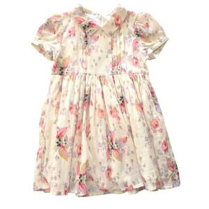 Morley Floral Dress Girls 3 Ivory Pink Seersucker Peter Pan Collar Short Sleeve
